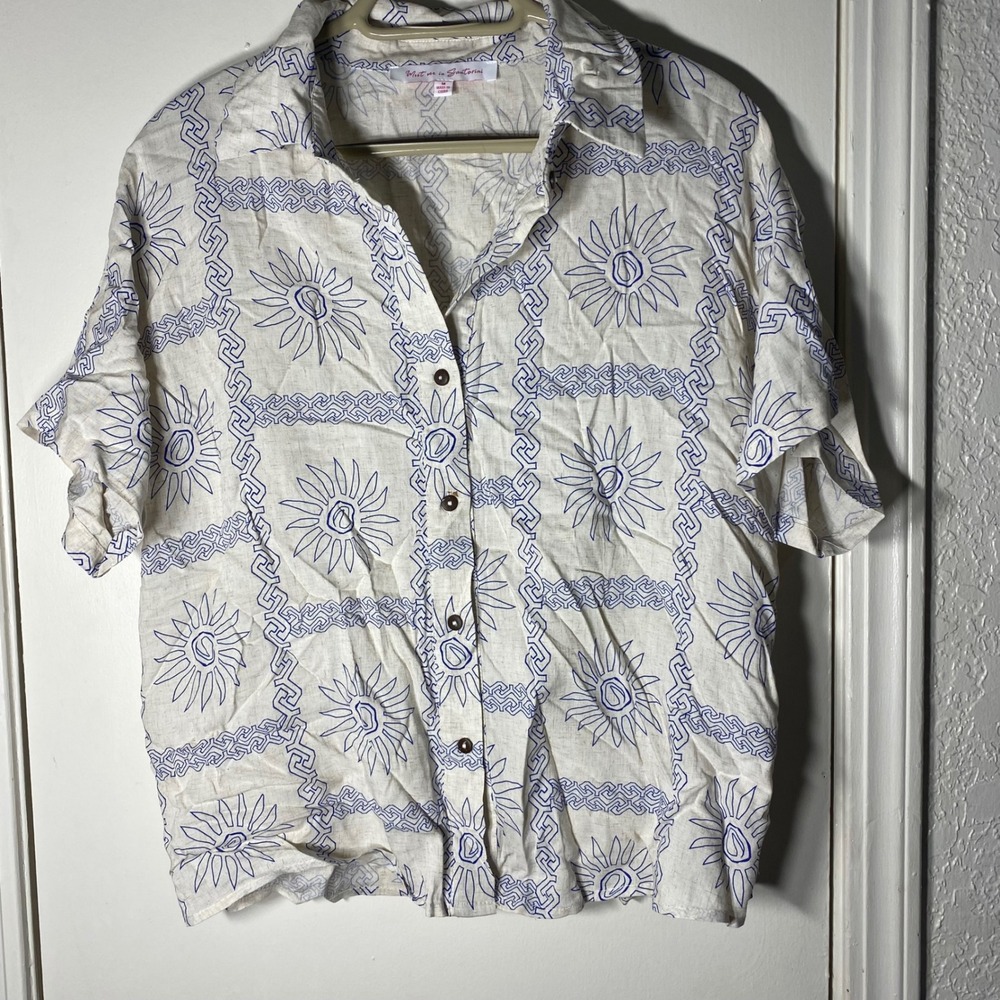Meet Me In Santorini Womens Blue‎ Sun Print Rayon Button Down Shirt